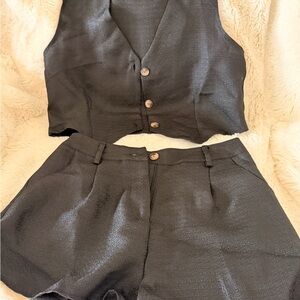 Black Textured Two-Piece Vest & High-Waist Shorts Set